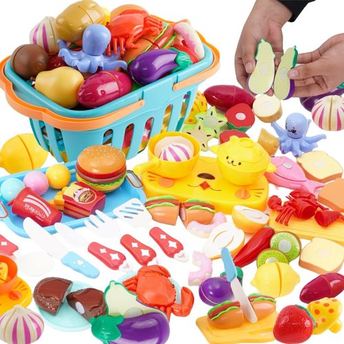 Checarzhn--No1 Jouet Dînette Enfant 61pcs,Fruit Et Legumes Jouet A Decouper Avec Panier,Mini Vaisselle Et Couteau En Plastique,Accessoires Cuisine Enfant,Jouets Educatifs Pour Bébé Garçons Filles 3 4