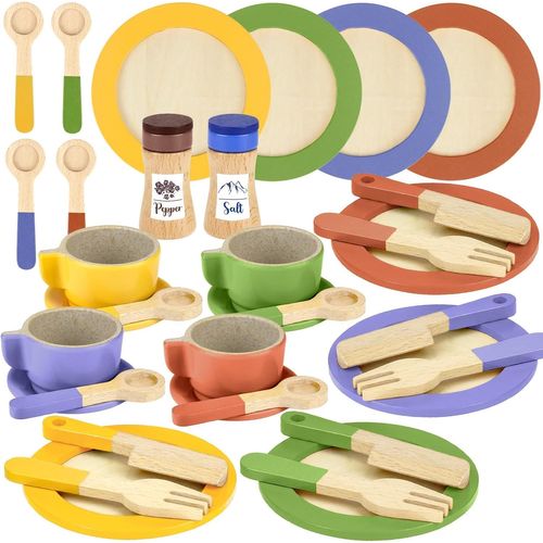 Checarzhn--No1 Jouet Bois Couvert Vaisselle Pour Dinette Enfant,Cuisine Jeux Accessoire Aliment Nourriture,Jouet Éducatif Éveil Montessori,Cadeau Anniversaire Pâques Halloween Noël Garçon Fille Bébé