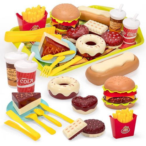 Checarzhn--No1 Jouet Aliment Cuisine Dinette Enfant,Jouets Alimentaires Avec Hamburger,Hot-Dogs,Dessert,Biscuits,Donuts Et Plateau,Jeux D'imitation Éducatif Cadeau Anniversaire Pour Fille Garçon 3 4