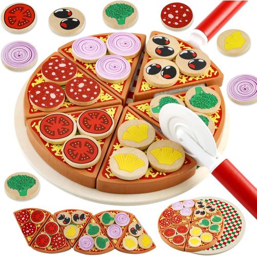Checarzhn--No1 Pizza En Bois Bébé,Aliments Dinette Enfant En Bois Jouet A Decouper Pizza À Couper En Bois,Accessoire Cuisine Enfant Jouet En Bois Jeu Éducatif Cadeau Anniversaire Pour Garçons Et Fill