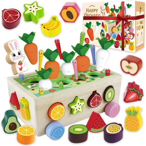 Checarzhn--No1 Montessori Jouet Lapin Bois Bébé,Jeu Magnétique Éducatif Sensoriel Enfant Garçon Fille 1 2 3 4+ Ans,Jouet À Empiler Et De Tri,Récolte Carotte Fruit,Cadeau Pâques Anniversaire Halloween