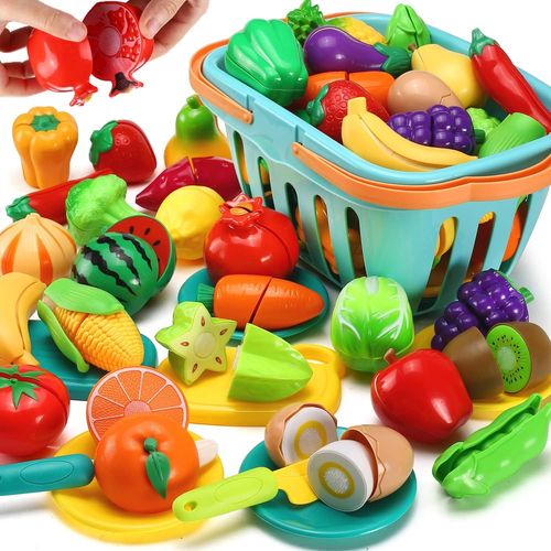 Checarzhn--No1 35 Pièces Jouets De Cuisine,Dinette De Cuisine Avec Panier De Rangement,Plat Et Couteau En Plastique,Fruits Et Légumes À Couper Jeu D'imitation Jouet Éducatif Pour Tout-Petits Enfants