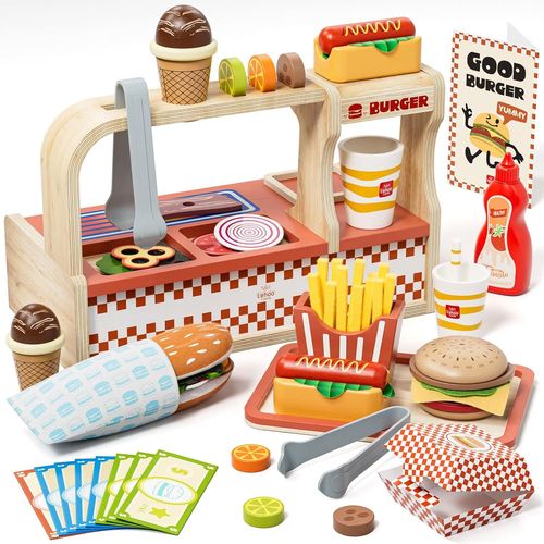 Checarzhn--No1 Cuisine Enfant En Bois,Accessoire Cuisine Enfant,Dinette Enfant 3 Ans,Jouets Aliments Dinette Enfant Avec Hamburger,Cadeau Pour Garçon Fille 3 4 5 Ans