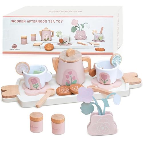 Checarzhn--No1 Service À Thé Jouet En Bois,Service À Thé Dinette Enfant,Service A The Enfant Bois,Ensemble De Thé En Bois Ave Plateau,Tea Party Jeux De Rôle Cadeau Pour Filles Garçons Partir De 2 Ans