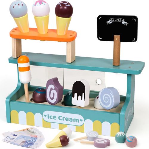 Checarzhn--No1 52pcs Jouets De Crème Glacée En Bois Marchande Enfants Dinette En Bois Cornets De Glace Jeu D'imitación Glace Cuisine Jeu Éducatifs Anniversaire Cadeaux Noël 3 4 5 6+ Ans Filles