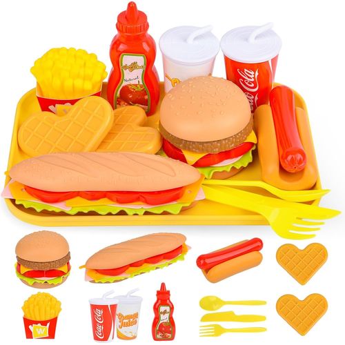 Checarzhn--No1 Accessoire Cuisine Enfant,Jouets Aliments Dinette Enfant Avec Hamburger Frites Hot Dogs,Cuisine Jouets Alimentaires,Cadeau Pour Garçon Fille 3 4 5 Ans