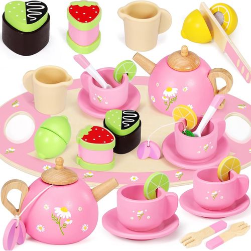 Checarzhn--No1 Service À Thé Enfant En Bois,Accessoire Cuisine En Bois Enfant,Jouet Dinette Enfant 3 Ans,Tea Party Jeux De Rôle,Cadeau Pour Enfant Filles Garçons 3 4 5+ Ans