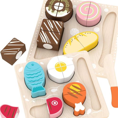 Checarzhn--No1 Jouets En Bois Nourriture Et De Gâteaux À Découper,Dinette Nourriture Accessoire Avec Ustensile Cadeaux Éducatifs Montessori Pour Tout-Petits Comprend 2 Puzzles Enfants Cadeaux D'anniv