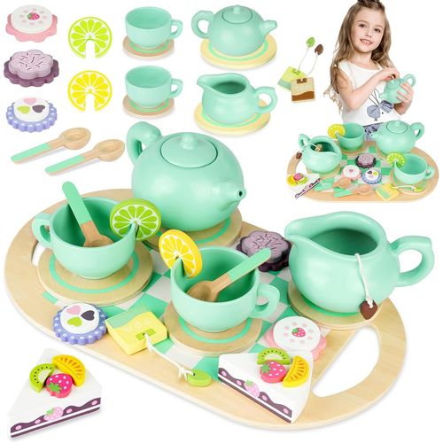 Checarzhn--No1 Services À Thé En Bois,19pcs Tea Party Jeux De Rôle,Service À Thé Jouets Dinette En Bois Enfant,Jouet Éducatif Éveil Montessori,Noël Enfant Garçon Fille 3 4 5+ Ans-Verts