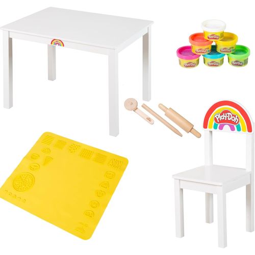 Checarzhn--No1 X Play-Doh Ensemble Table D'activités Et Chaise Pour Enfants Dès 3 Ans-Set De Jeu En Bois Certifié Fsc® Avec 6 Pots De Pâte À Modeler,3 Outils,Grand Tapis 3d Sans Bpa