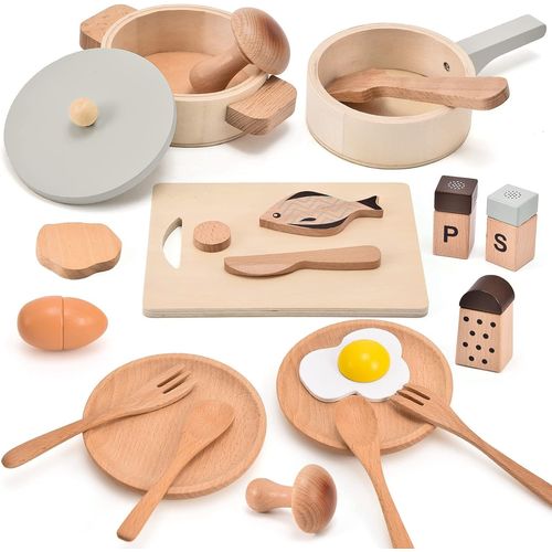 Checarzhn--No1 Accessoires De Cuisine En Bois Pour Enfants 21pcs Ustensiles De Cuisine Casseroles Et Poêles Cuisine Jouet Dinette Jouet En Bois Jeu Éducatif Cadeau Pour Garçon Fille 3 4 5 6 Ans
