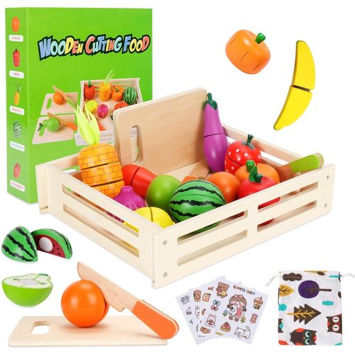 Checarzhn--No1 Jouet Bois Fruit Et Légume De Coupe Pour Dinette Enfant-Accessoire Cuisine Jeux Alimentaire En Bois,Nourriture Éducative Pour Enfants,Cadeau Anniversaire Noël Garçon Fille Bébé