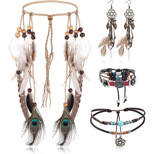 Checarzhn--No1 4 Pièces Coiffe Indienne Ensemble Collier Cuir Boucles D'oreilles Plumes Pour Femmes Bracelet Fait Main Vintage Boho Hippie Tribal Thème Fête Carnaval Bijoux