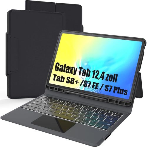 Lbgwp60 Étui De Clavier Folio Pour Samsung Galaxy Tab S7 Fe /S8 Plus/S7 Plus 12,4""-Clavier Qwertz Allemand Sans Fil Avec Trackpad-Clavier Tactile D'éclairage Pour Tab S8+ 2022/S7 Fe 2021/S7+ 2020