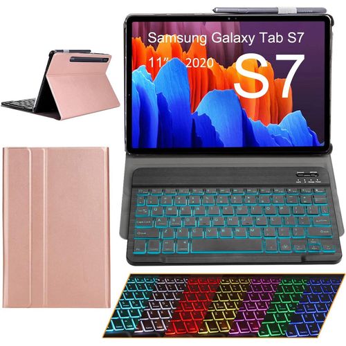 Lbgwp60 Étui De Protection Pour Clavier Samsung Galaxy Tab S7,Clavier Qwertz Amovible Bluetooth Avec Étui De Protection Ultra Fin Pour Tablette Samsung S7 2020 11""(Sm-T870 T875 T878) (Or Rose)