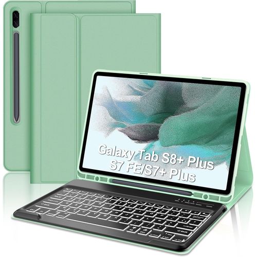 Lbgwp60 Coque Clavier Pour Samsung Tab S7 Fe/ S7+ Plus/ S8+ Plus 12.4"",7 Couleurs Led Rétroéclairé Détachable Clavier Bluetooth Sans Fil Pour Galaxy Tab S7+/S8+ 12.4"",Azerty Français