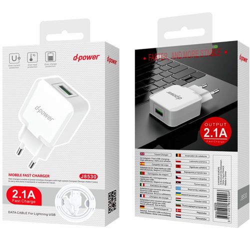 Cable Lightning (Iphone / Ipad) + Chargeur 2.1a Blanc De Td-Power