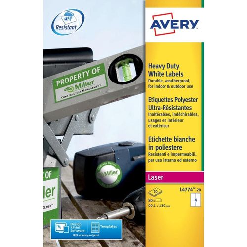 Avery Bo¿Te De 80 ¿Tiquettes Laser Inalt¿Rables Blanches 99,1 X 139 Mm L4774-20