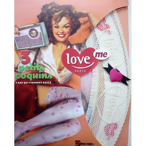 Bas Voile Sexy Imprimé Pinup Stay Up Jarretière Silicone Blanc Love Me M/L