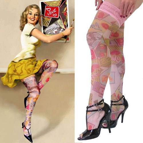 Bas Voile Sexy Imprimé Bd Comics Stay Up Jarretière Silicone Rose Love Me M/L