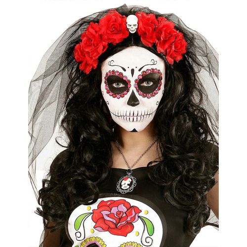 Coiffe Fleurs Rouges Avec Tête De Mort Femme Dia De Los Muertos
