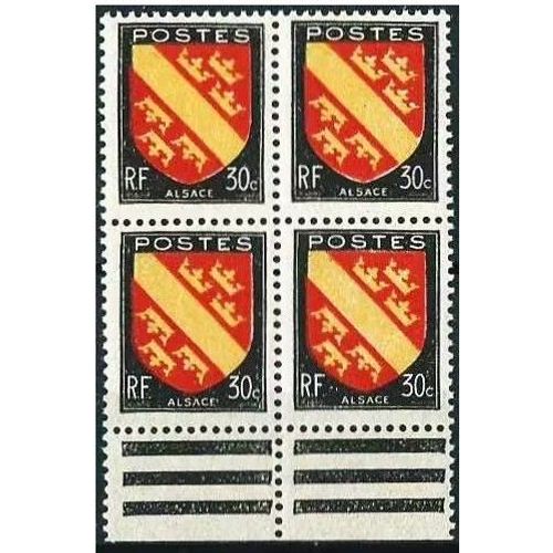 France 1946, Très Beau Bloc 4 Timbres Neufs** Luxe Yvert 756, Bord De Feuille - Blason De L' Alsace 30c. Noir, Rouge Et Jaune.
