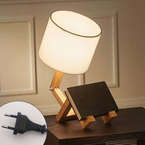 Créatif Robot Lampe De Bureau, Réglable Peut Mettre Des Livres Bois Lampe De Chevet Avec La Nuance De Lampe De Tissu Vis E27 Pour Les Enfants Chambre Bureau Salon Eclairage Décoratif