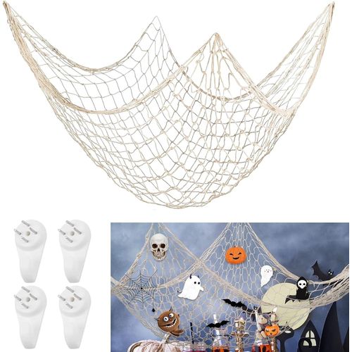 1 Pièces Décoration de Filet de Pêche Filet Chat Decoration Murale Decoration Marine et 4 Clous Ssans Trace Idéal pour Accrocher des Tableaux ou des Souvenirs Dans le Salon(Blanc)