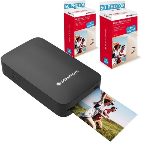 MONDODIGITALE-Agfa Photo - Pack Imprimante Realipix Mini P + Cartouches Et Papiers Amc Pour 100 Photos - Imprimante Photo Format 5,3 X 8,6 Cm Via Bluetooth - Sublimation Thermique 4Pass - Noir
