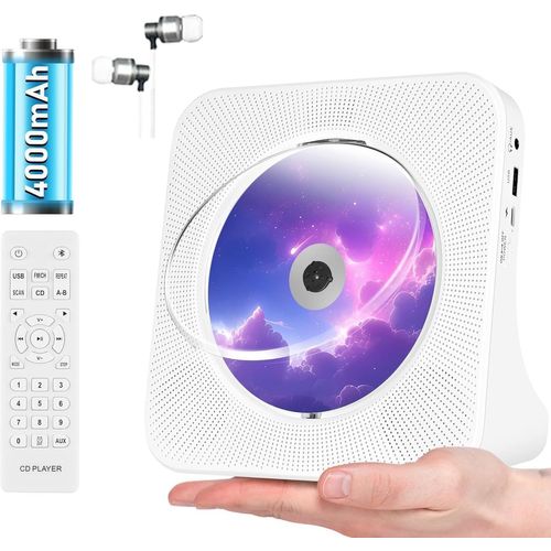 MONDODIGITALE-Lecteur Cd Portable Rechargeable, Hifi Lecteur Cd Bluetooth Avec Usb, Aux, Fm Radio Lecteur Cd Avec Un Bon Son, Lecteur Cd Sans Fil Blanc Avec Télécommande