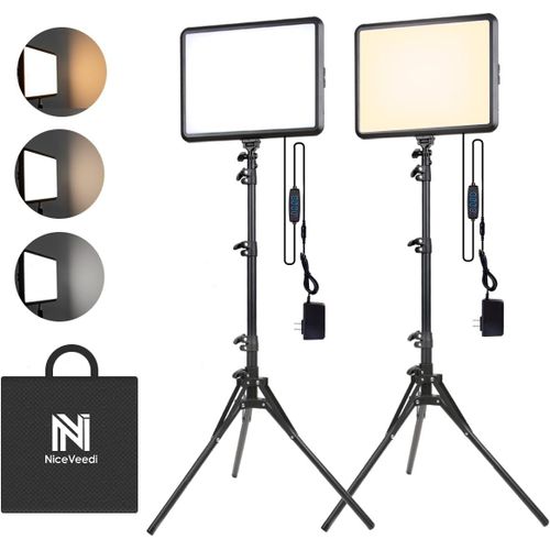 MONDODIGITALE-Lot De 2 Kits D'Éclairage Vidéo Panneau Led 22 W, Lumière De Studio À Intensité Variable 2900-7000 K Avec Trépied Et Chargeur, Lumière Pour Enregistrement Vidéo, Prise De Vue, Youtube