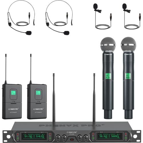 MONDODIGITALE-Système De Micro Sans Fil Uhf À 4 Canaux, Microphone À Fréquence Fixe Avec Microphones À Main/De Poche/De Casque/À Clip Pour L'Église, Le Karaoké, Le Chant, Le Dj (Ptu-5000B)