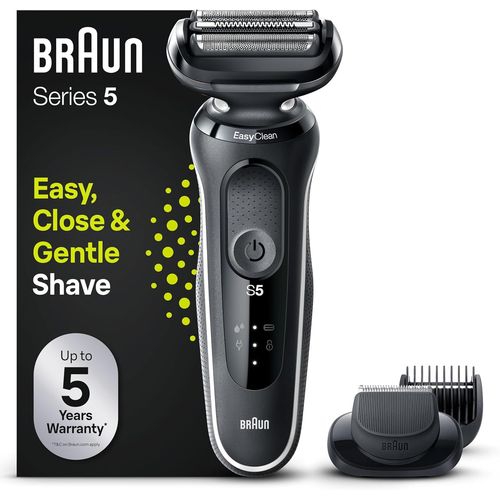 Mondodigitale-Series 5 51-W1500s Rasoir Électrique Homme, Même Pour Barbes Dures, 3 Lames S¿Adaptant Aux Contours Du Visage, Tondeuse Easyclick & Easyclean, Étanche Avec Grille Sans Fil, Blanc