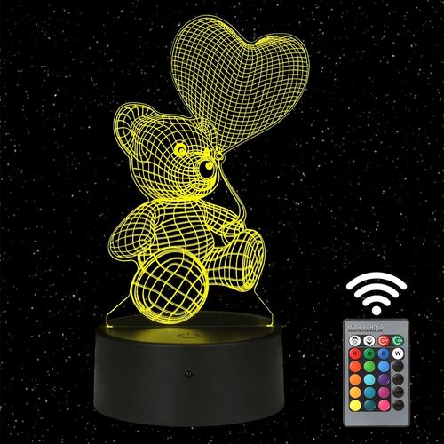 Mondodigitale-Veilleuse Ours 3d, Cadeau Enfant, Copine, Femme, Lampe 3d Led 16 Couleurs, Cadeau D'anniversaire Noël Pour Amie, Enfant, Garçon