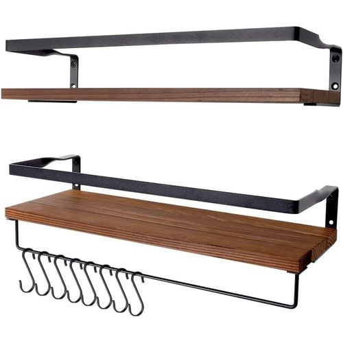Shiba-Étagères Murales Design Moderne, Lot De 2 Étagères Murales En Bois Avec Porte-Serviettes Et Crochets, Étagères Murales Rusti[5