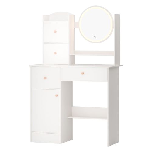 Bureau De Maquillage Avec Miroir Éclairé Par Led, Bureau De Toilette Avec 4 Tiroirs, 1 Porte, Étagères Ouvrables, Coiffeuse Pour Chambre À Coucher