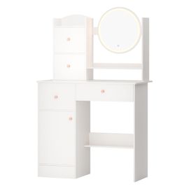 Bureau De Maquillage Avec Miroir Éclairé Par Led, Bureau De Toilette Avec 4 Tiroirs, 1 Porte, Étagères Ouvrables, Coiffeuse Pour Chambre À Coucher