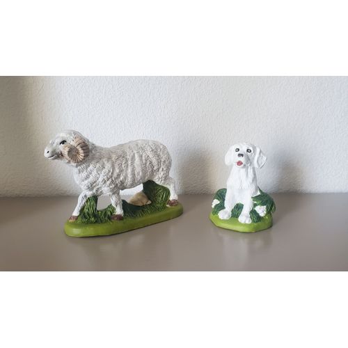 Lot De 2 Santons, Bélier Et Chien Patou, En Argile Peint