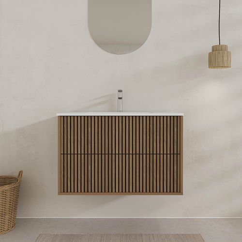Meuble Salle De Bains 60cm 2 Tiroirs Décor Chêne Et Noir Cranté - Vasque Blanche Mate - Yuki