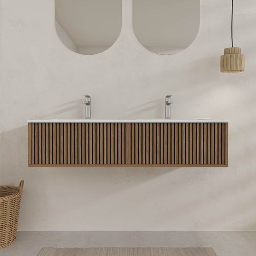 Meuble Salle De Bains 120cm 2 Tiroirs Décor Chêne Et Noir Cranté - Vasque Blanche Mate - Yuki