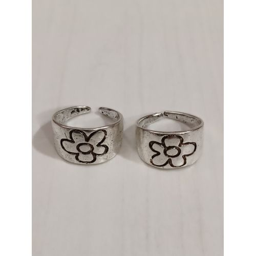 Lot De 2 Bagues Metal Argenté, Fleur,Bague Ouverte,Taille 16.24 Mm