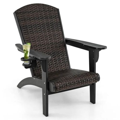 Costway Chaise De Jardin Adirondack En Pehd, Siège Et Dossier Rembourrés En Rotin, Accoudoirs Larges Et Porte-Gobelet Caché, Noir