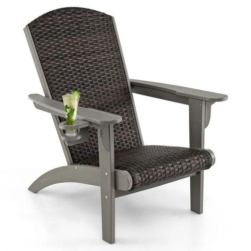 Costway Chaise De Jardin Adirondack En Pehd, Siège Et Dossier Rembourrés En Rotin, Accoudoirs Larges Et Porte-Gobelet Caché, Gris