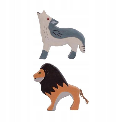 Lot De 2 Mini-Jouets Éducatifs En Bois, Figurines De Lion Et De Loup