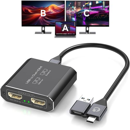 Hdmi Splitter Extended Display Pour Double Monitor Usb A & C À 2 Hdmi Adaptateur 1 En 2 Out Pour Ordinateur Portable Support Mst & Sst Modes; 4K@30Hz Sortie 1, 1080P Sortie 2[PCOM4286462]