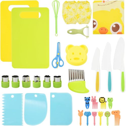 Shiba-Kit Couteau Cuisine Enfant, 32 Pièces Couteau Montessori Enfants Avec Ondulé Et Planche À Découper, Plastique Ustensile Cuis[4