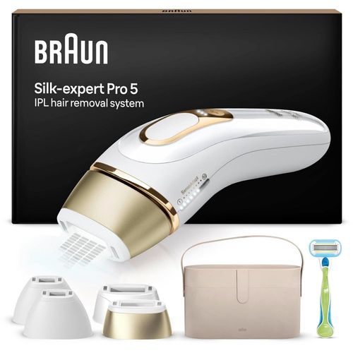 Braun Silk·Expert Pro 5 Pl5342 - Épilateur À Lumière Pulsée, Épilation Semi-Définitive, 1 Vanity Case, 4 Têtes Et Rasoir Venus - Blanc/Doré