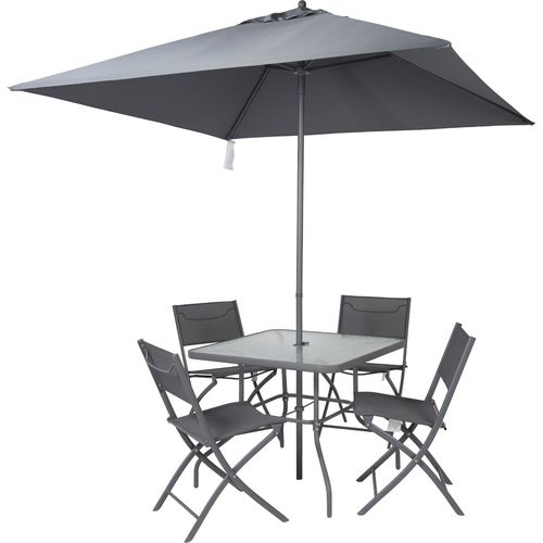 Ensemble De Jardin Table Avec Parasol Intégré, 4 Chaises Pliantes, Gris Antalya
