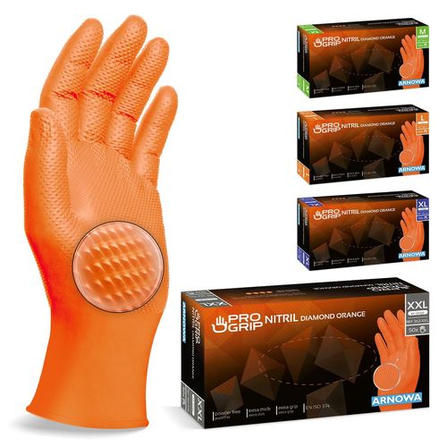 Shiba-Progrip Gants Jetables, Gants Nitrile Extra Forts, Gant Nitrile Orange Xxl, 2x Plus Épais Et Avec Structure Diamant, Gants M[1