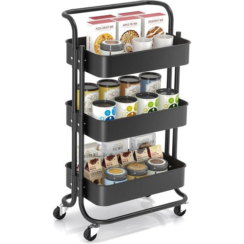 Chariot De Service Chariot De Cuisine Étagère De Cuisine, Avec Poignée Et Roulettes Verrouillables, Chariot Multi-Usage Amovible, Convient Pour La Salle De Bain Et La Cuisine, Noir